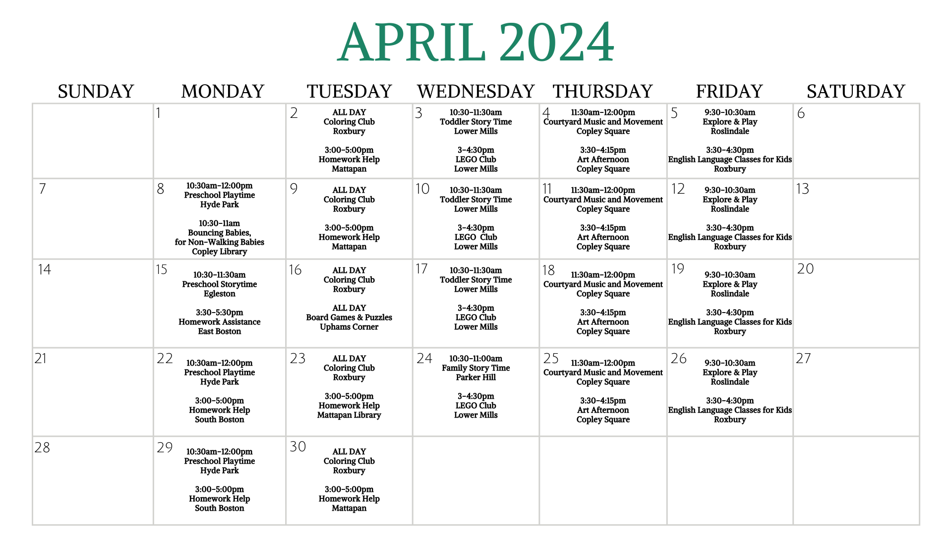 April 2024 BPL events calendar