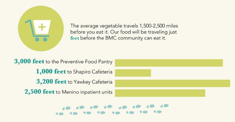 El vegetal promedio viaja entre 1.500 y 2.500 millas antes de comerlo. Nuestra comida viajará unos metros antes de que la comunidad de BMC pueda comerla. 3,000 pies hasta la despensa de alimentos preventivos, 1,000 pies hasta la cafetería Shapiro, 3,200 pies hasta la cafetería Yawkey, 2,500 pies hasta las unidades de hospitalización de Menino