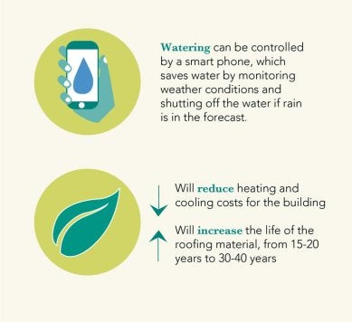El riego se puede controlar mediante un teléfono inteligente, que ahorra agua al monitorear las condiciones climáticas y cortar el agua si se pronostica lluvia. Reducirá los costos de calefacción y refrigeración del edificio. Aumentará la vida útil del material del techo, de 15 a 20 años a 30 a 40 años.