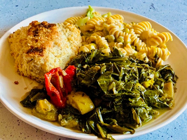 Callaloo, mac and cheese and crispy baked chicken