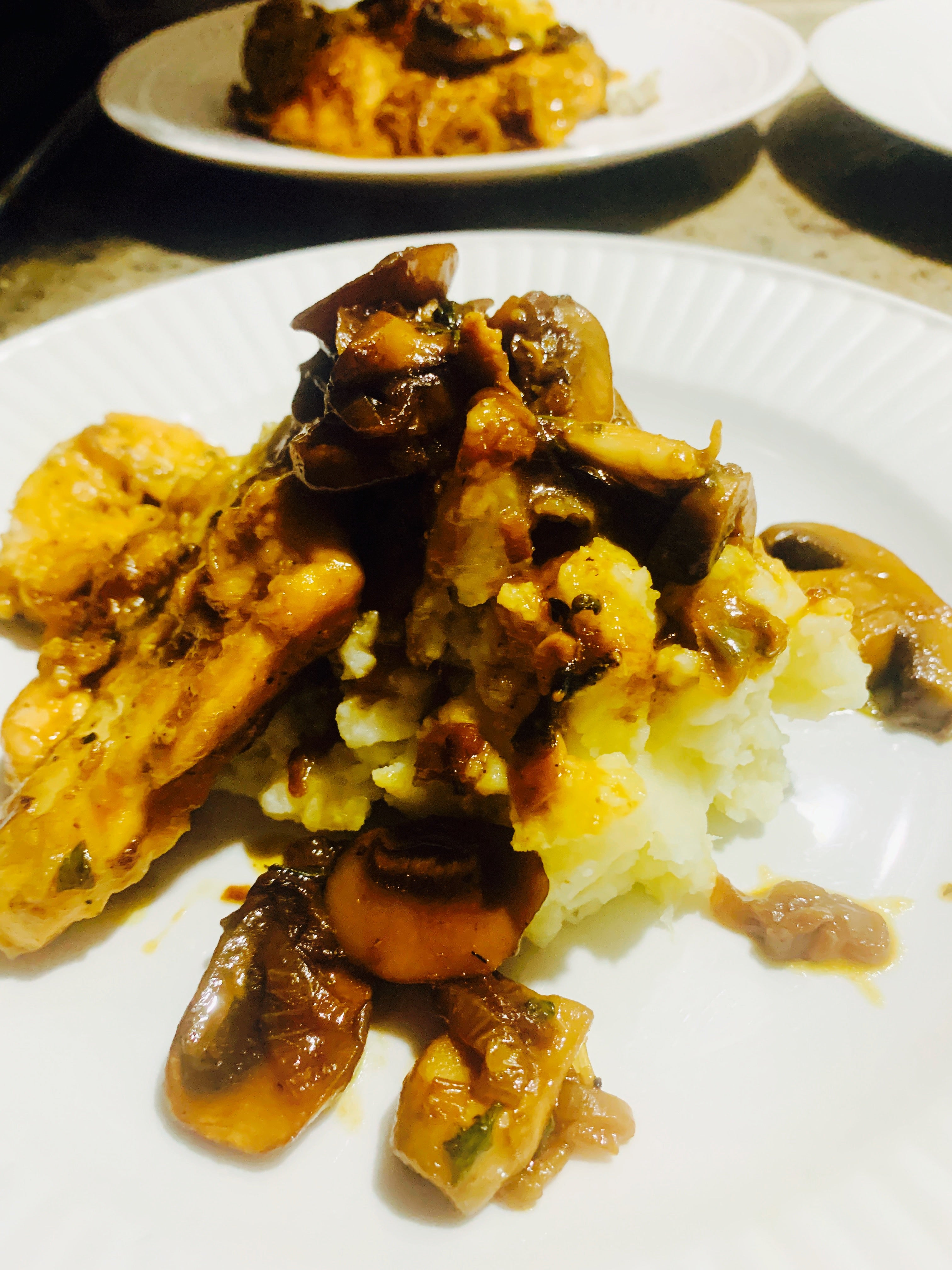 Chicken marsala over mashed cauliflower and potatoes