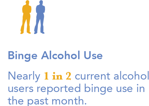 Binge Alcohol Use - Nearly 1 in 2 current alcohol users reported binge use in the past month.