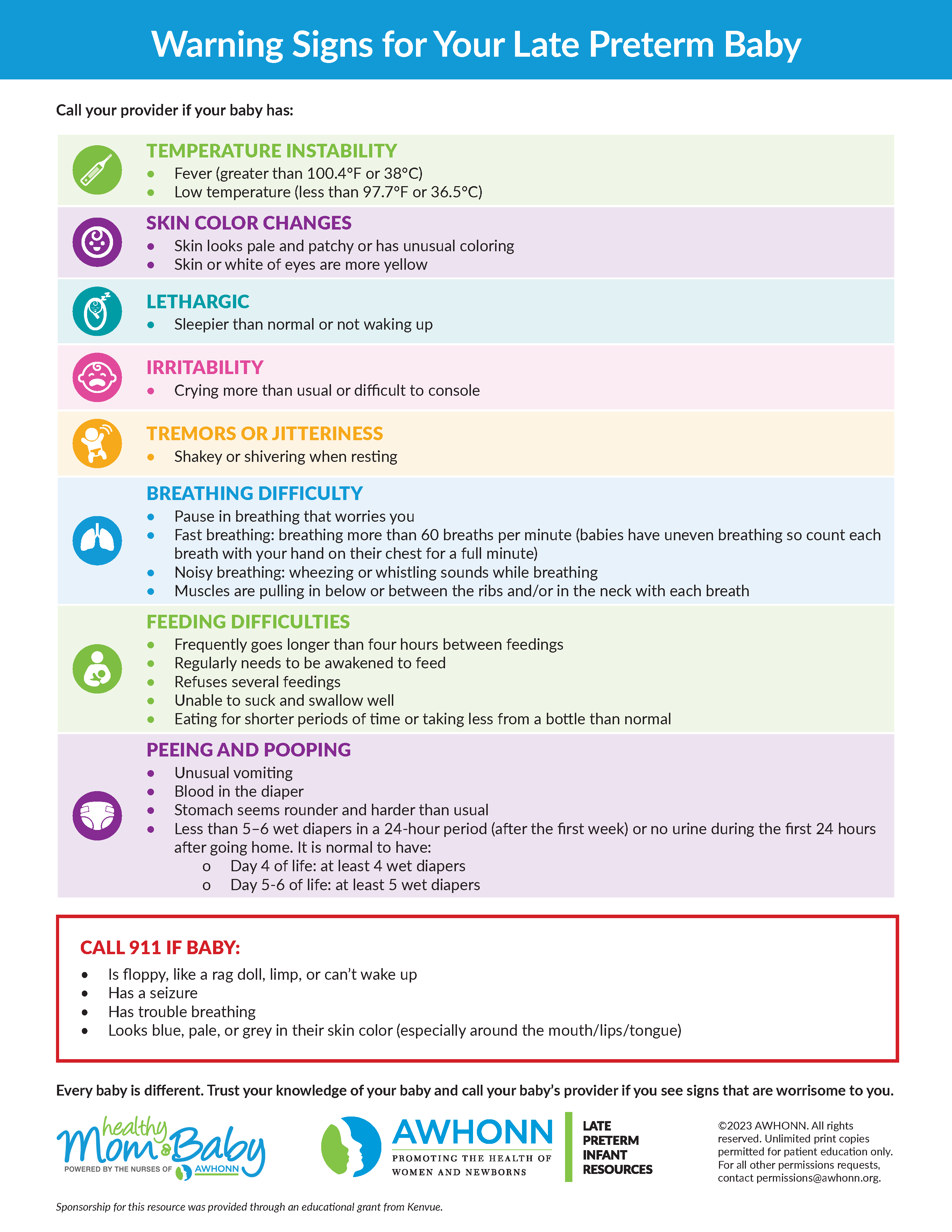 Screenshot: AWHONN Informational Handout: Warning Signs for Your Late Preterm Baby (PDF)