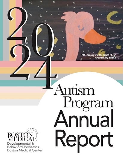 Cover of the BMC Autism Program 2024 Annual Report, featuring a painting of a bird labeled ‘The Goose and the Night Flies’: Artwork by Ericka