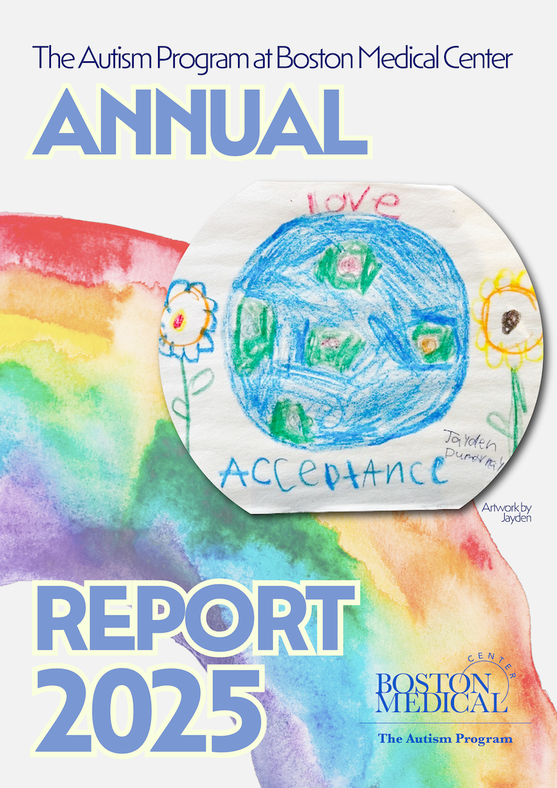 Cover of the BMC Autism Program 2025 Annual Report, featuring artwork by Jayden of the Earth, flowers, and a watercolor rainbow