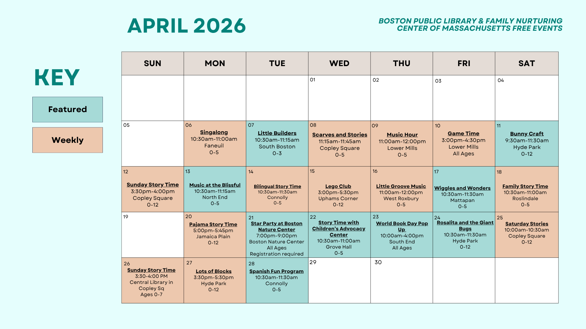 Boston Public Library/Family Nurturing Center of MA calendar of free activities for children and families, April 2026