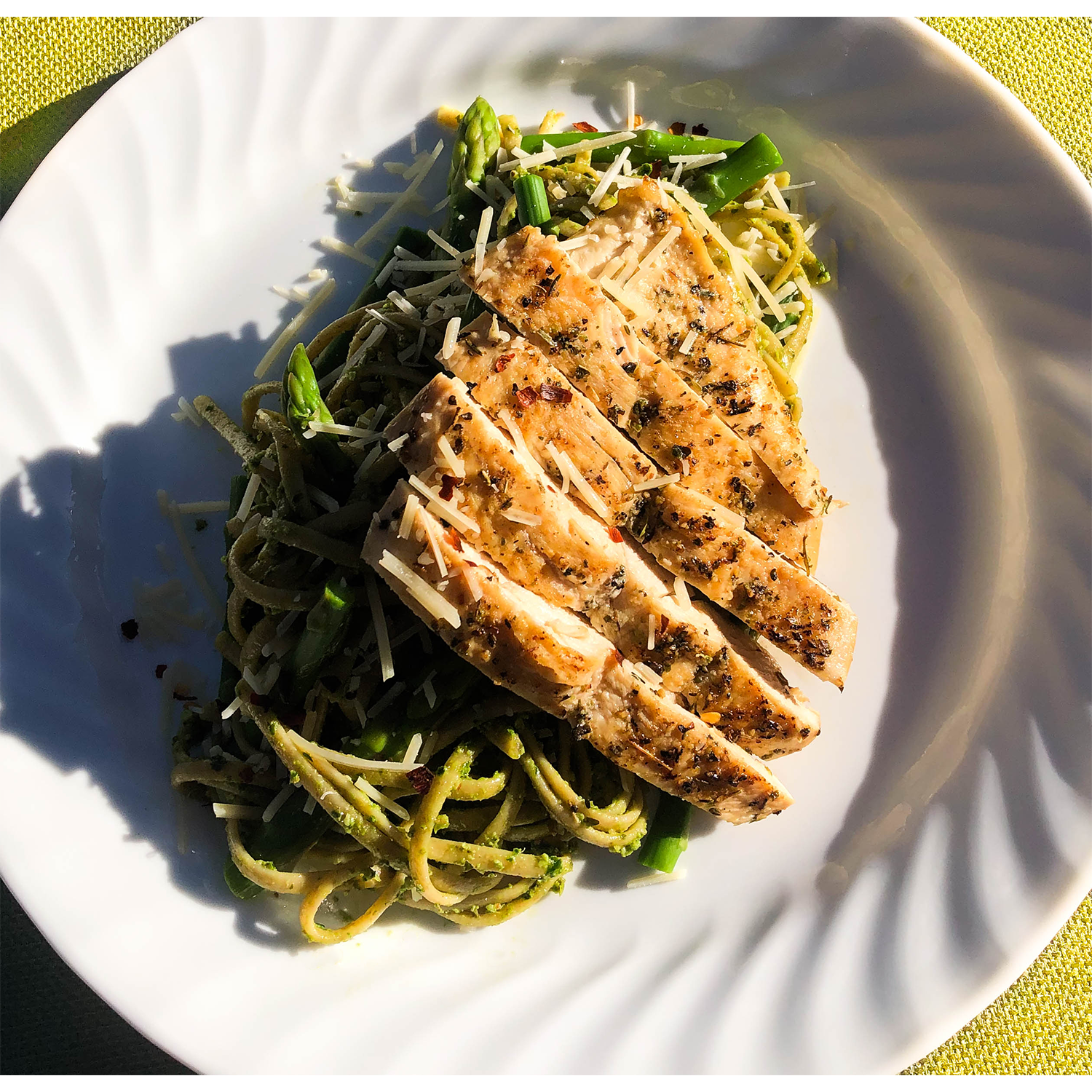 Sauteed Chicken over Pesto Pasta and Asparagus