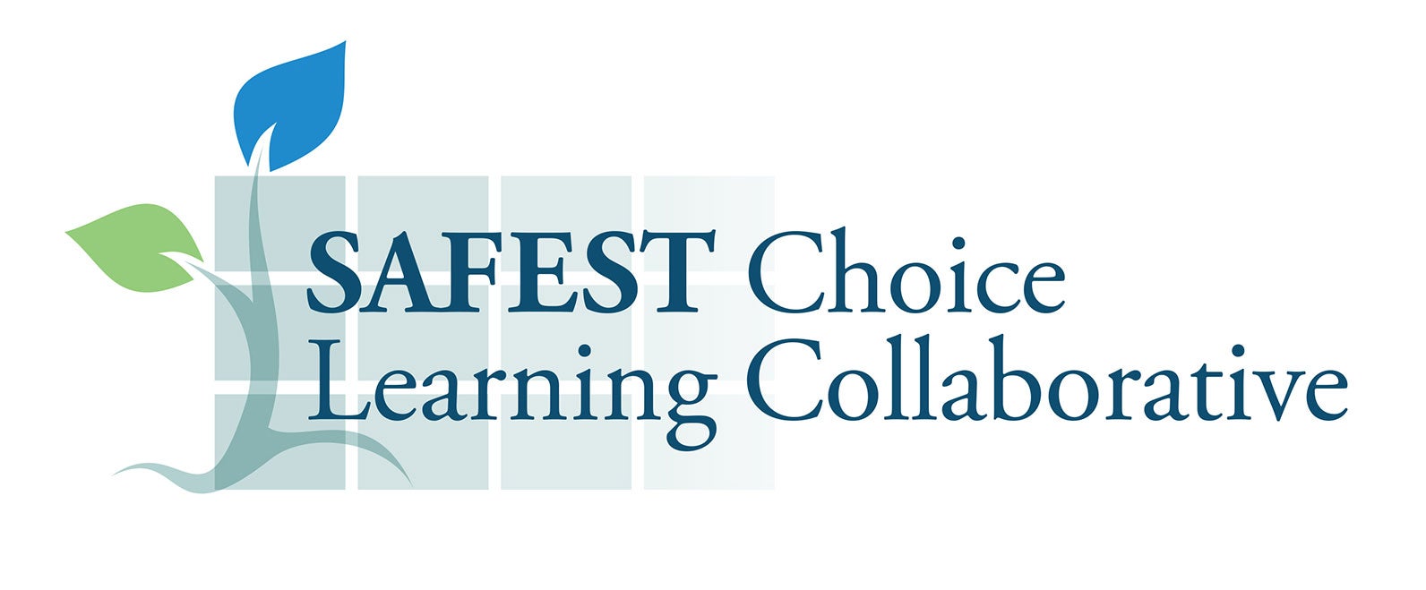 Safest Choice Learning Collaborative logo with Safest Choice Learning Collaborative in dark blue beside a branch with one blue and one green leaf, over fading blue rectangles