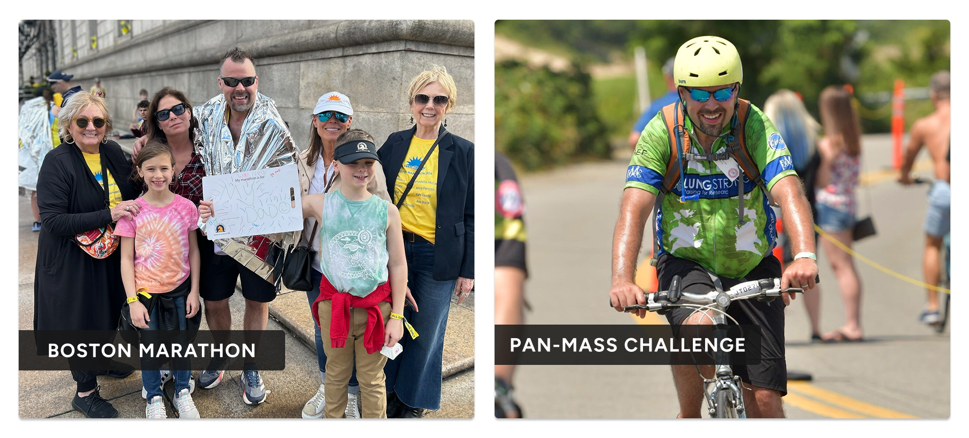 Side-by-side photos of Joe completing two major endurance events: celebrating after the Boston Marathon with family and supporters, and riding in the Pan-Mass Challenge.