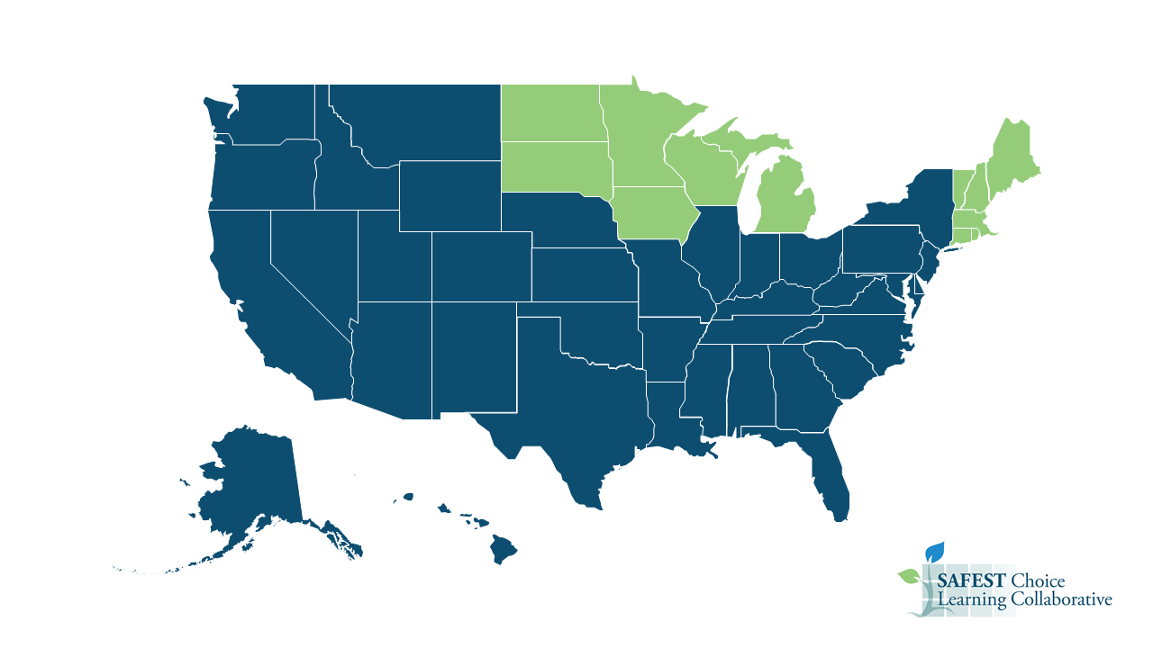 Blue and green map of the US with the New England and Upper Midwest states highlighted in green