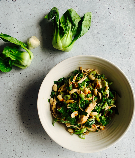 Cold noodles with shredded chicken and bok choy