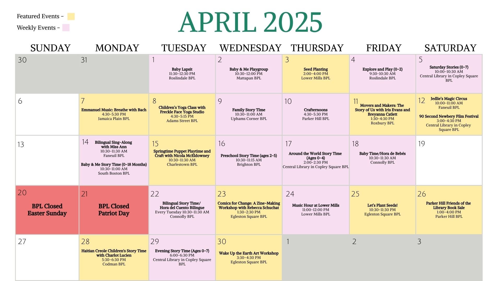 Calendário de 2025 de abril com eventos da Biblioteca Pública de Boston.