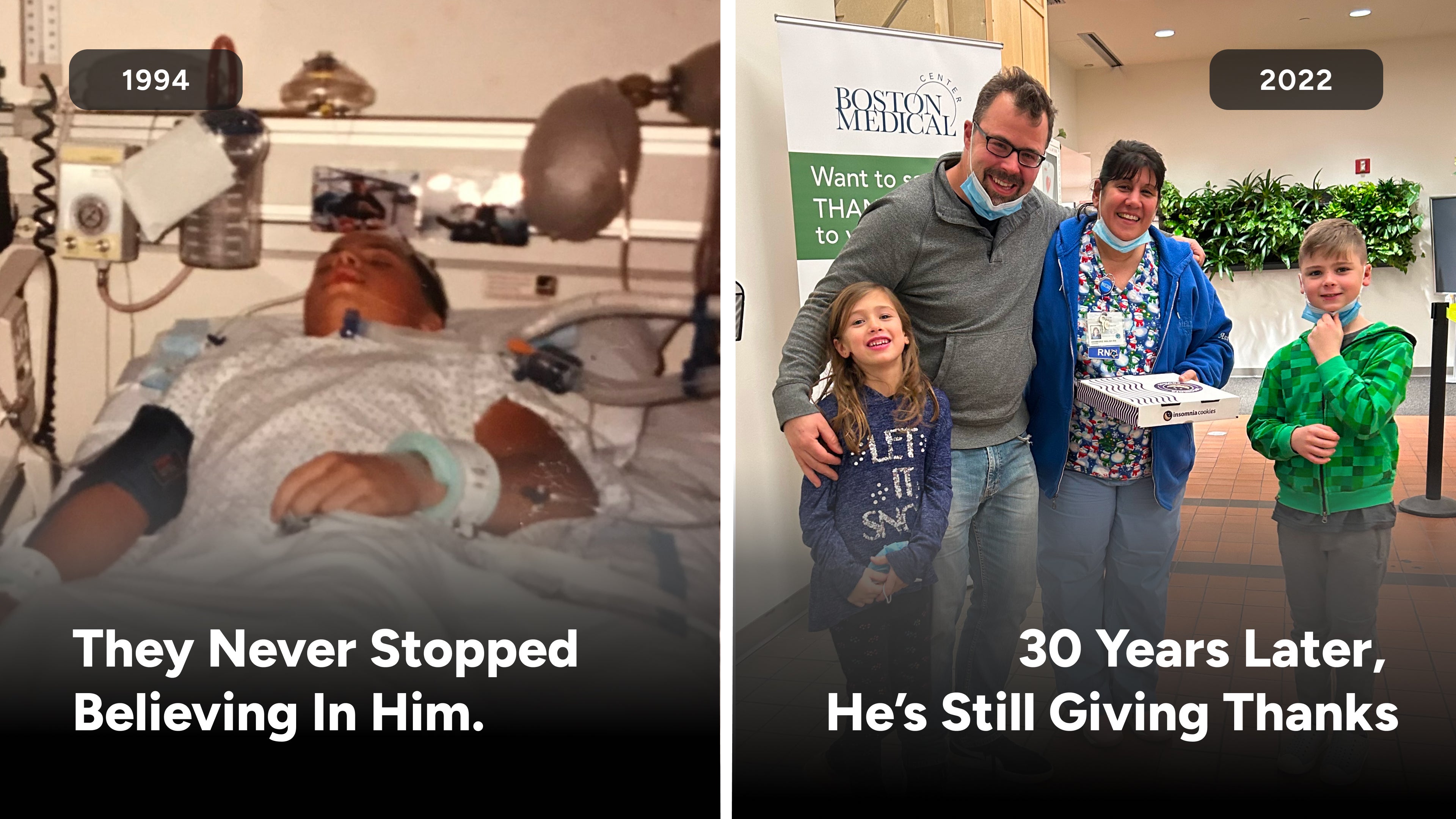 Side-by-side photos of Joe Tierney in 1994 and 2022. The first shows him recovering in a hospital bed at age 15 after a life-threatening injury. The second shows him returning to Boston Medical Center nearly 30 years later with his children to thank the caregivers who cared for him.